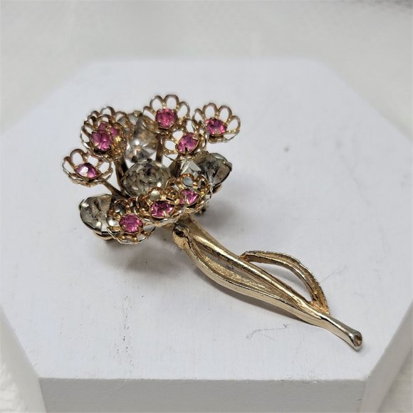 Sweet Vintage Flower Pin Brooch Pink Rhinestones - Picture 3 of 8